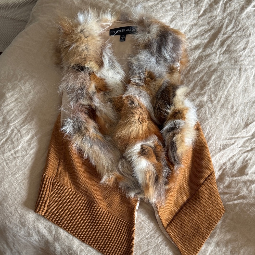 Adrienne Landau Camel Knit Vest with Multi-Tone Fox Fur Collar